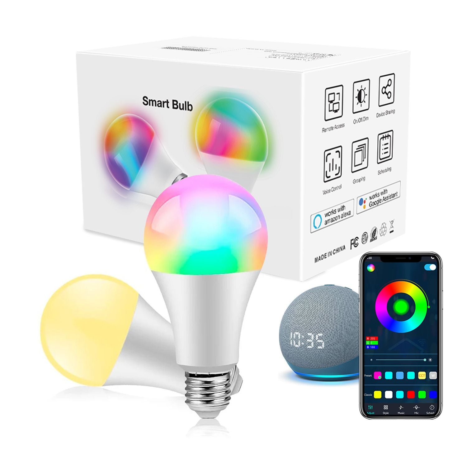 Smart Light Bulbs, Full Color Changing Dimmable Smart WiFi Bulbs Compatible with Alexa and Google Home, A19, 60 W 800 Lumens,2.4Ghz only, No Hub Required, 2-Pack , Multicolor - JM Variety Store